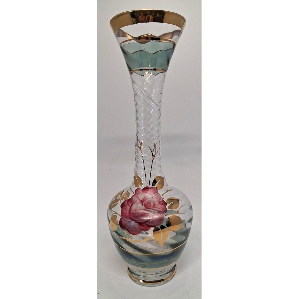 Vintage Bohemian Glass Vase with Enamel‎ Rose Decoration and Gold Accents